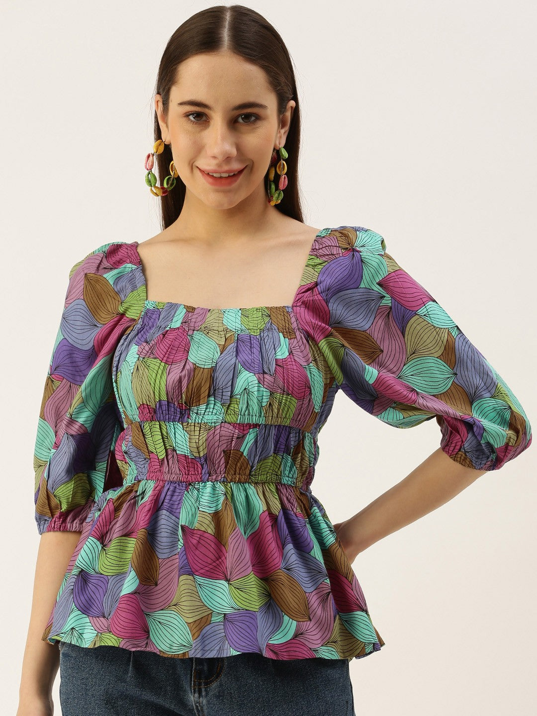 Floral Print Square Neck Top With Pleated Detail