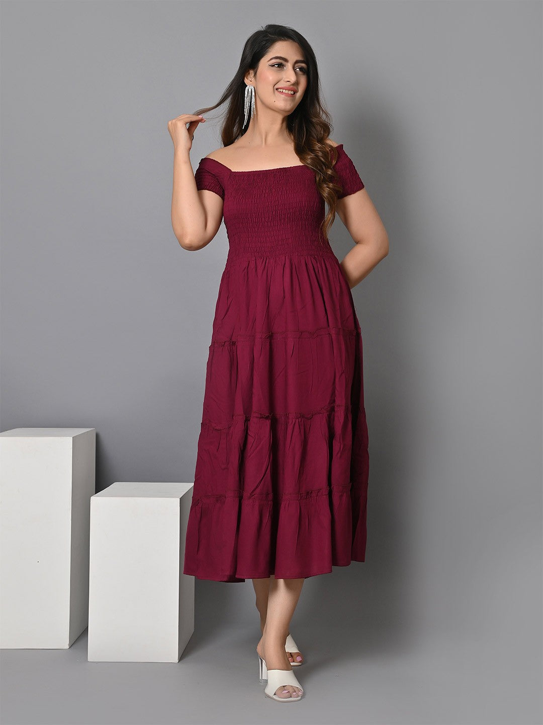 Off Shoulder Smocked Tiered Fit & Flare Midi Dress