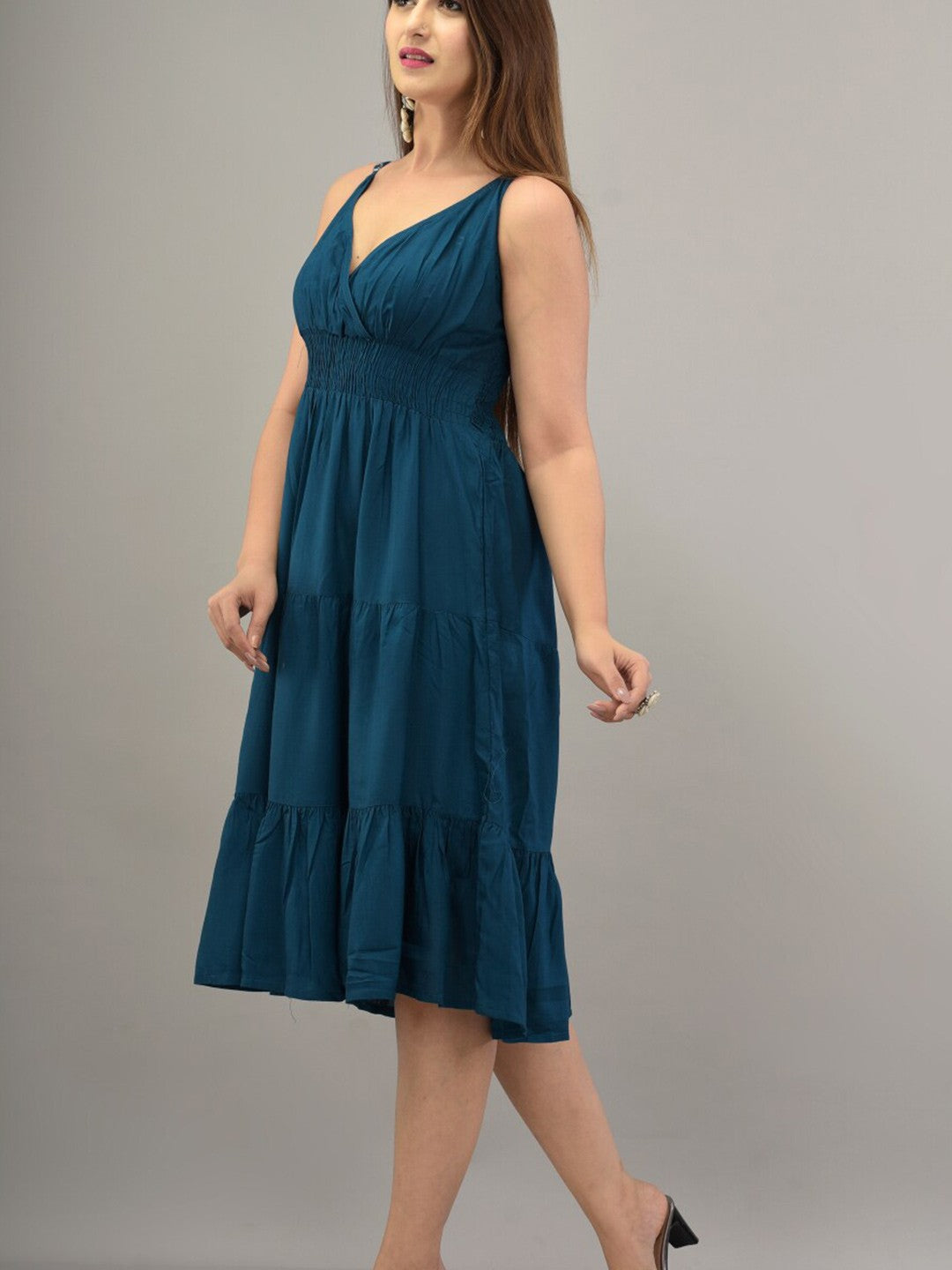 Blue Fit & Flare Tiered Midi Dress