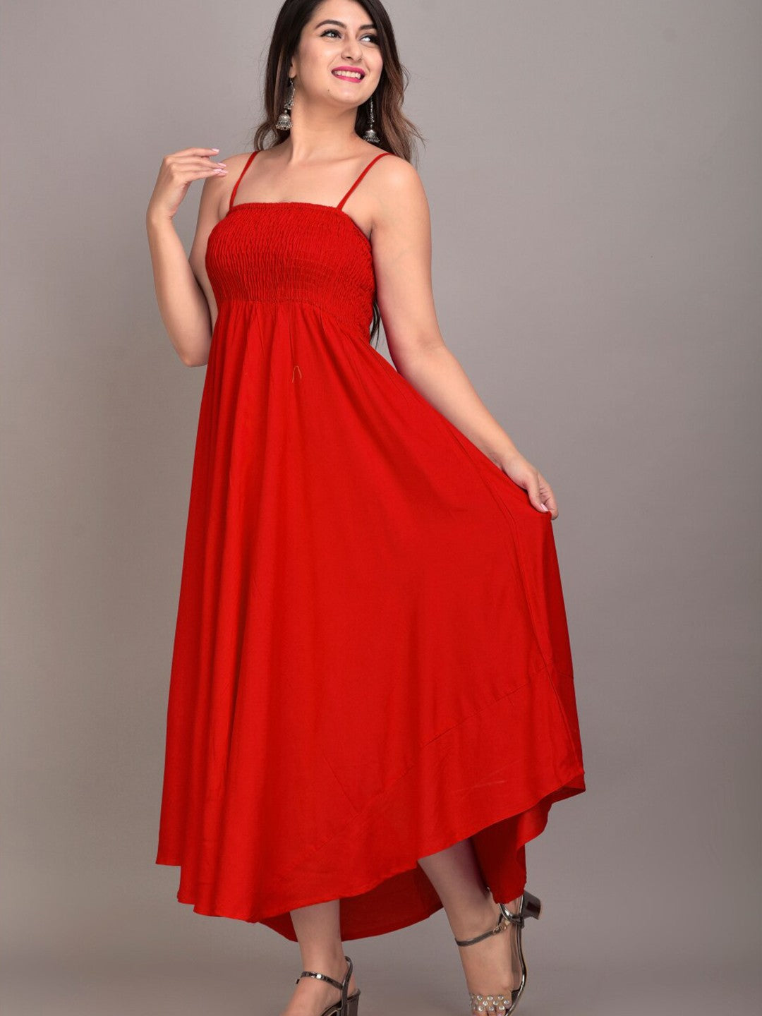 Red Solid Smocked Maxi Dress