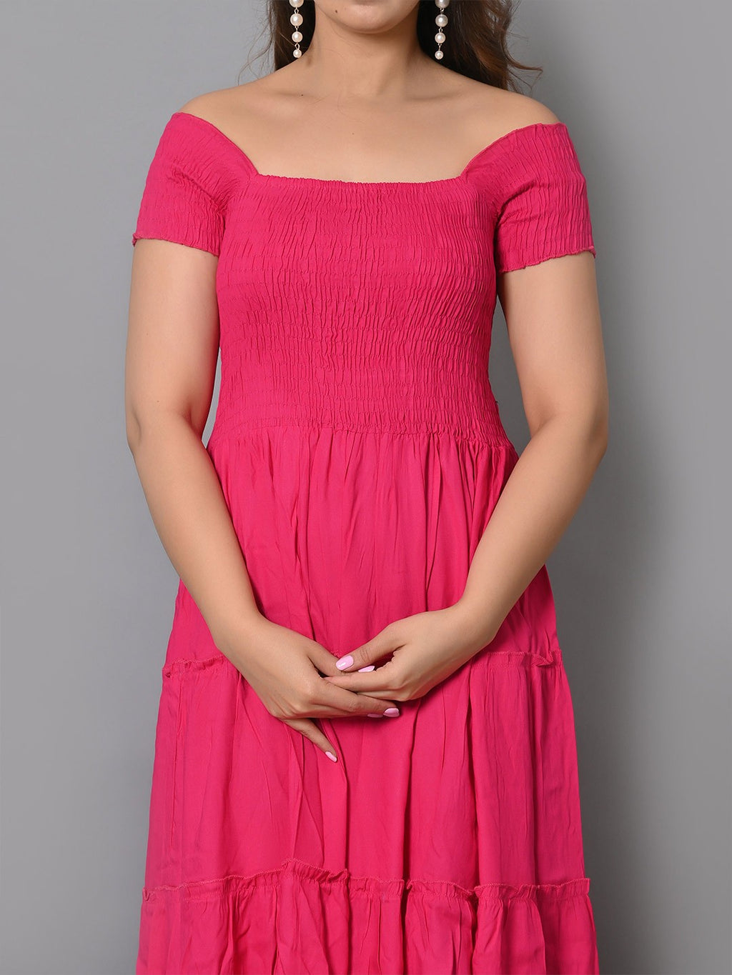 Off Shoulder Smocked Tiered Fit & Flare Midi Dress