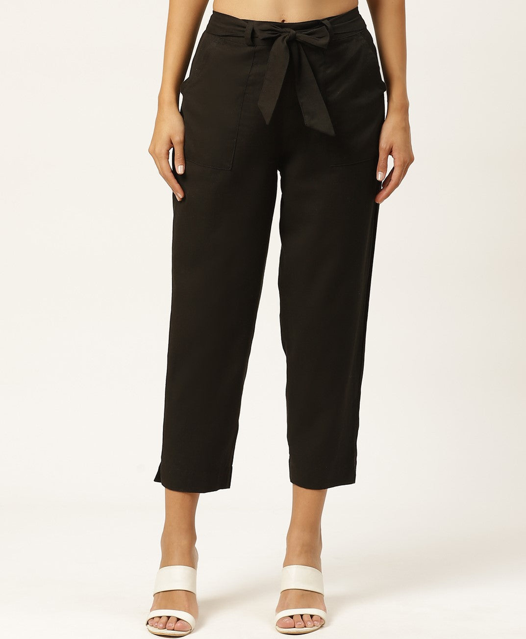 Women Regular Fit Black Cotton Blend Trousers