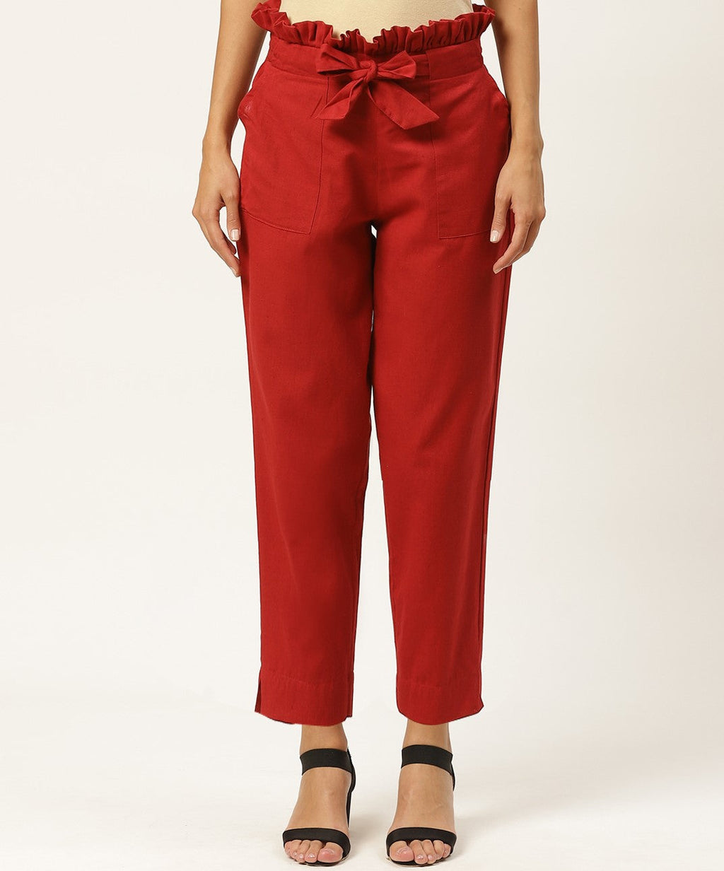 Women Regular Fit Maroon Pure Cotton Trousers