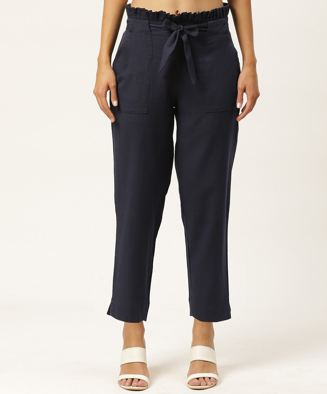 Women Regular Fit Navy Blue Pure Cotton Trousers