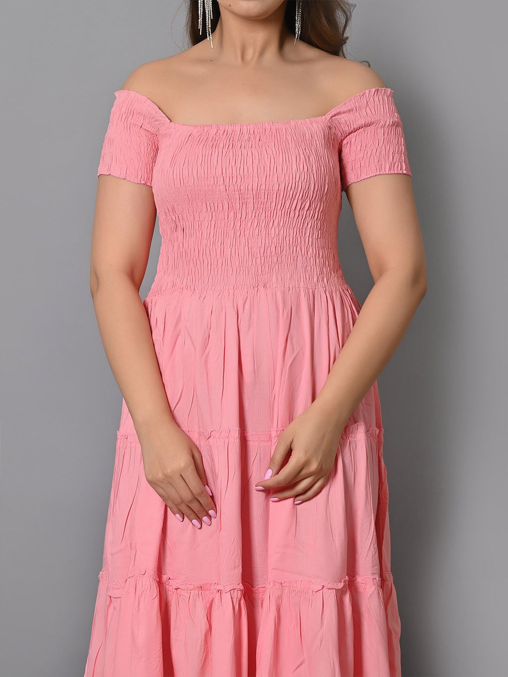 Off Shoulder Smocked Tiered Fit & Flare Midi Dress