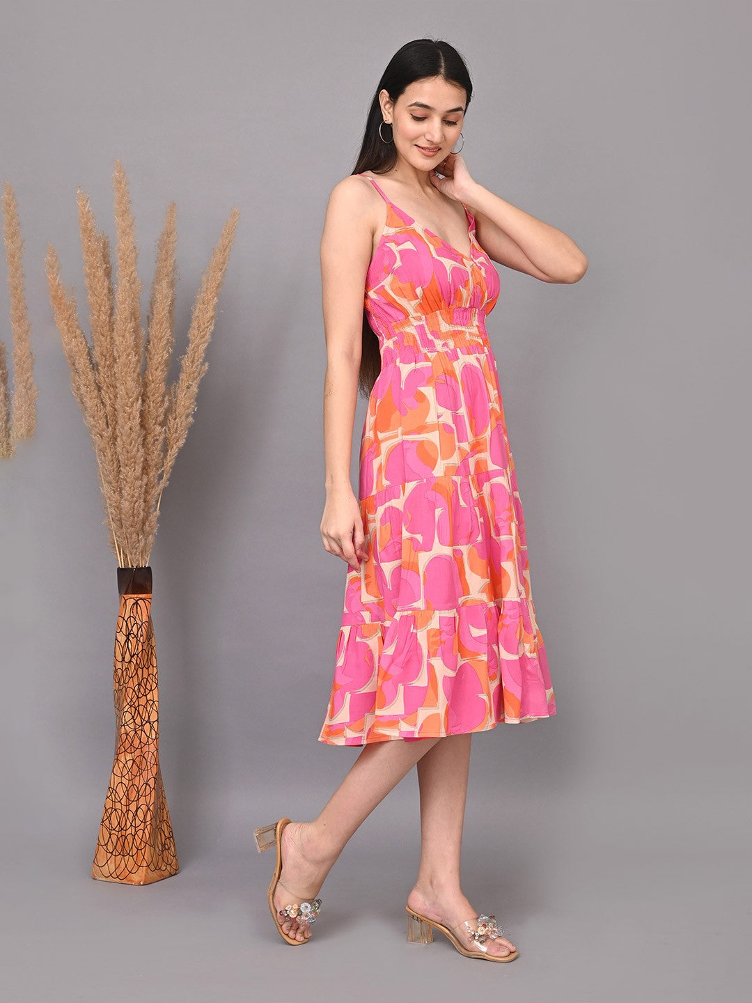 Abstract Printed Shoulder Straps Smocked Fit & Flare Dress