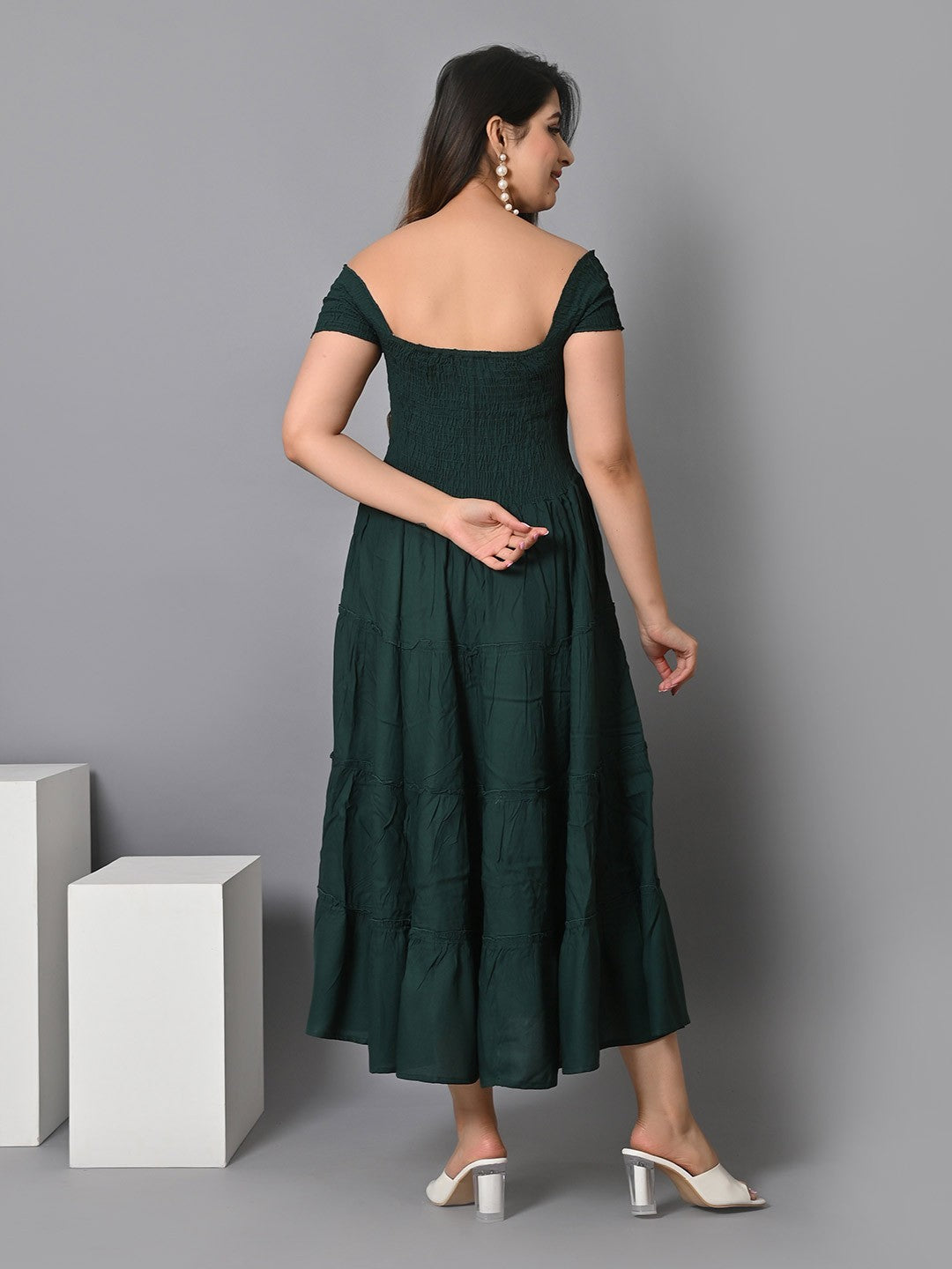 Off Shoulder Smocked Tiered Fit & Flare Midi Dress