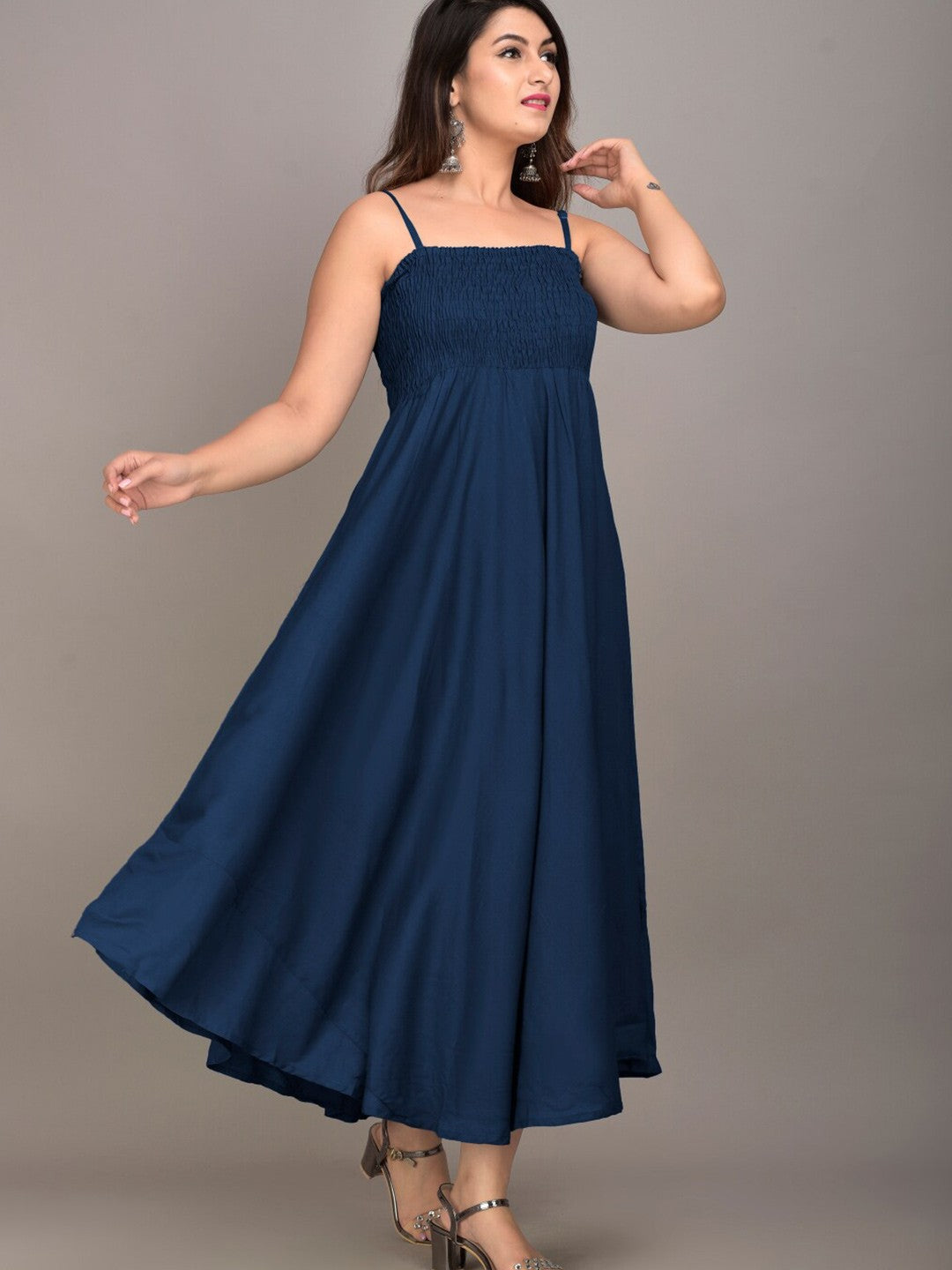 Blue Solid Smocked Maxi Dress