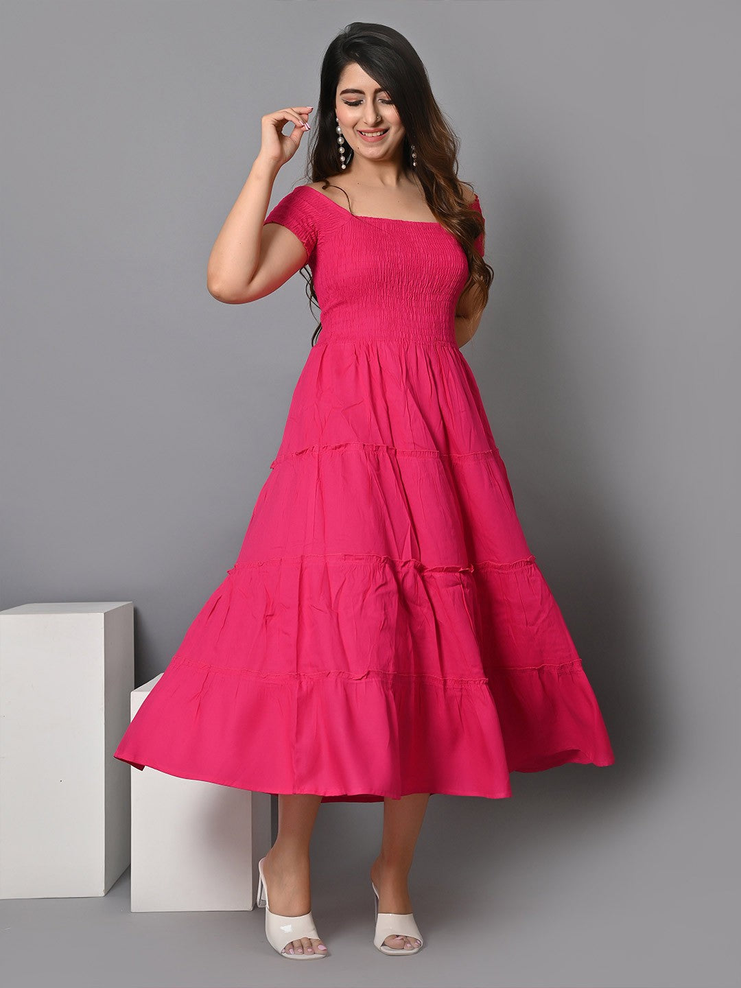 Off Shoulder Smocked Tiered Fit & Flare Midi Dress