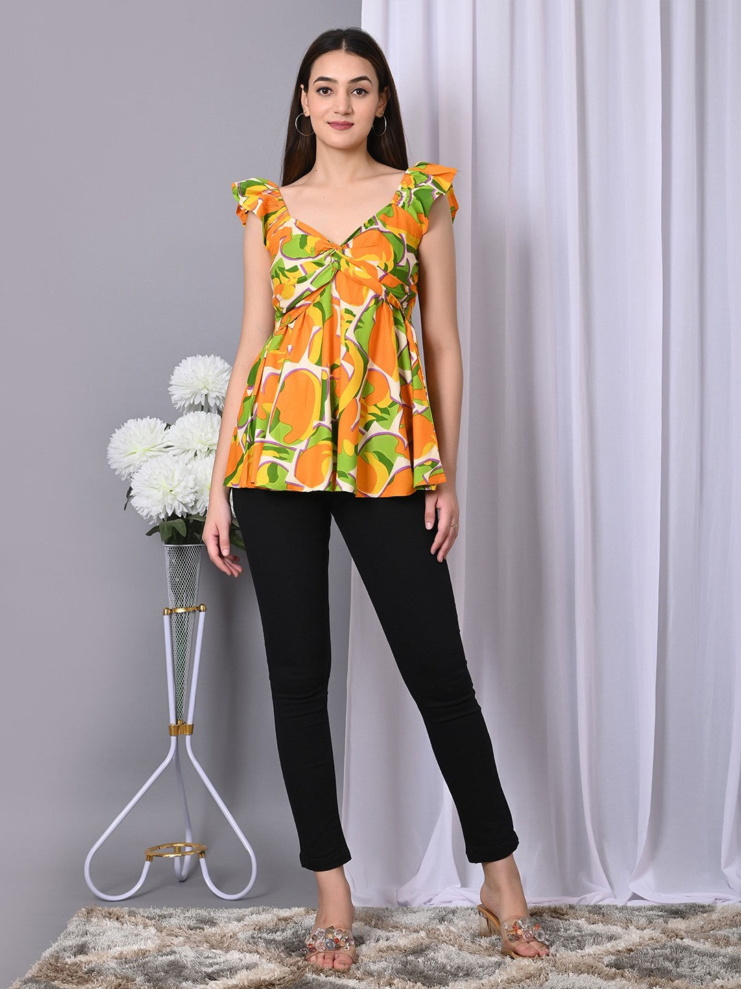 Abstract Printed V-Neck Twisted Longline Top