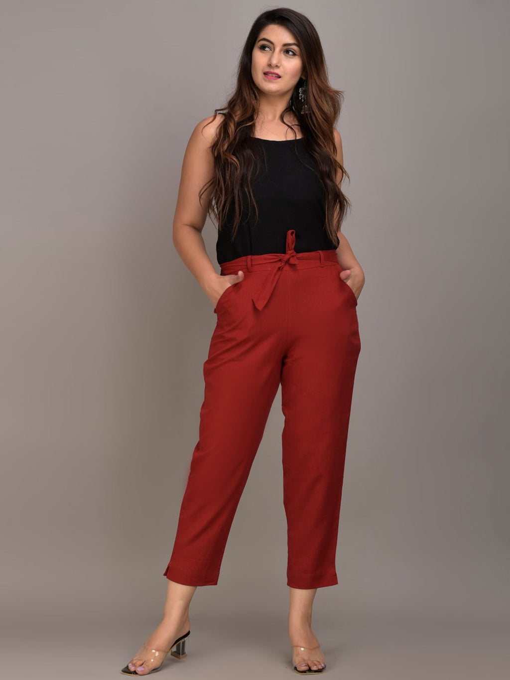 Women Maroon Slim Fit Trousers
