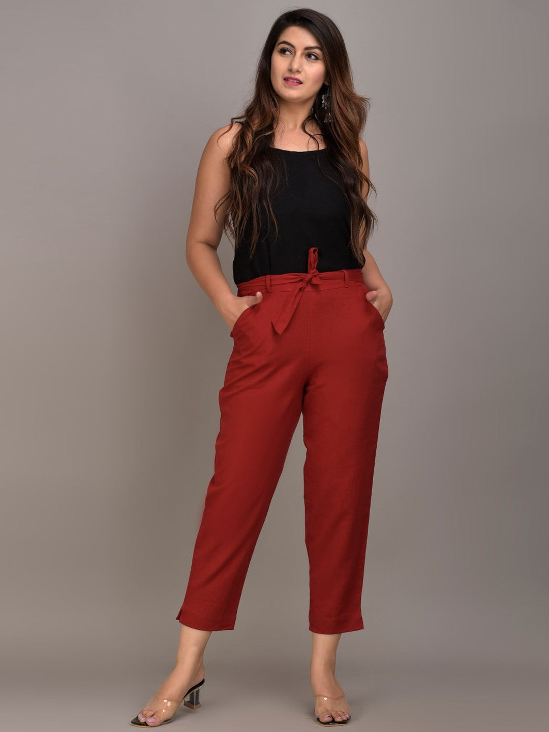 Women Maroon Slim Fit Trousers