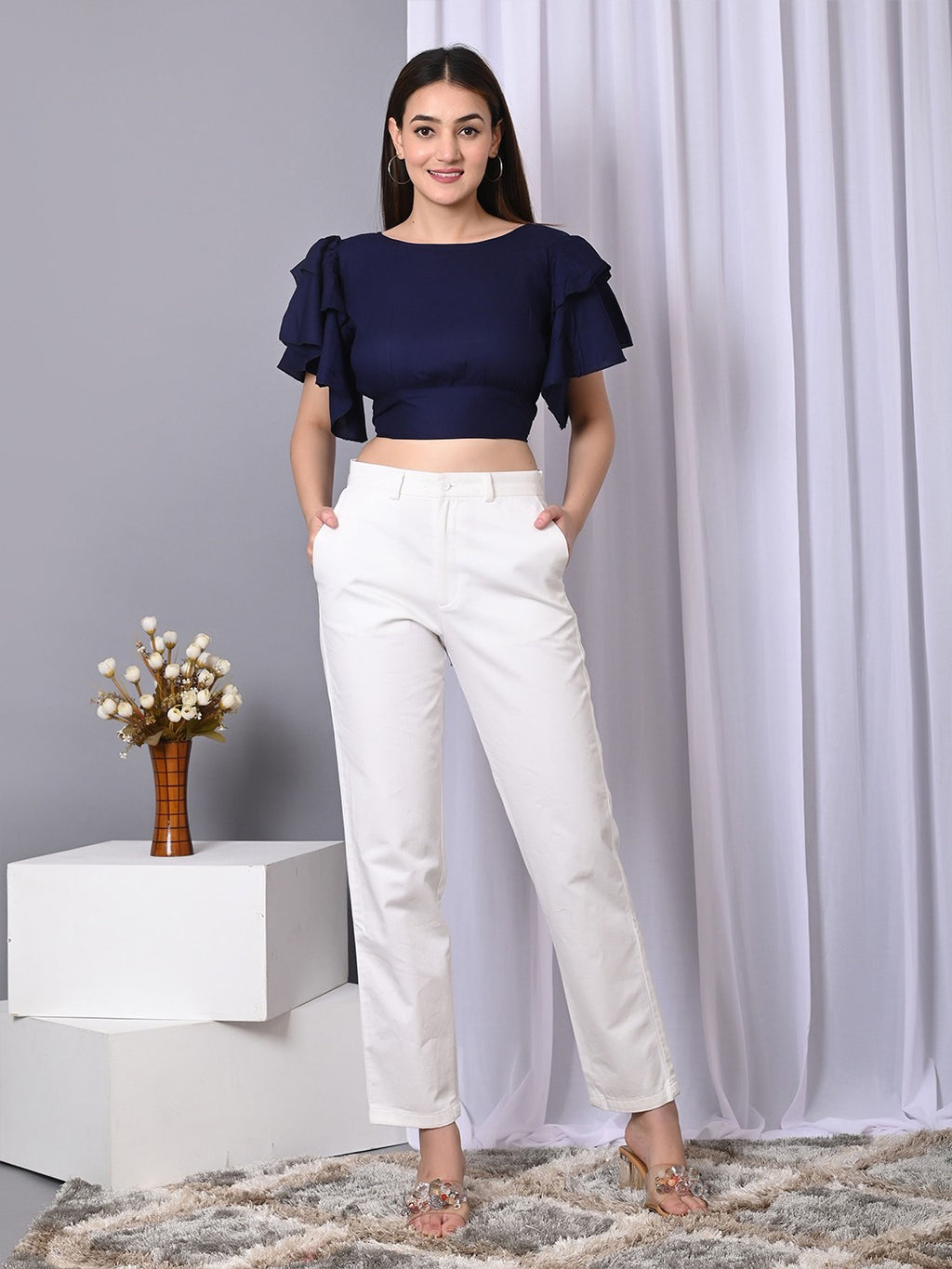 Flutter Women Solid Flutter Sleeve Ruffles Crop Top