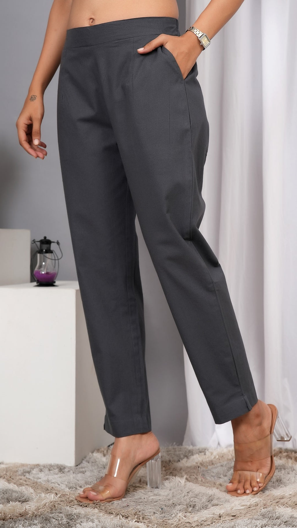 Women Regular Fit Pure Cotton GRAY Trousers