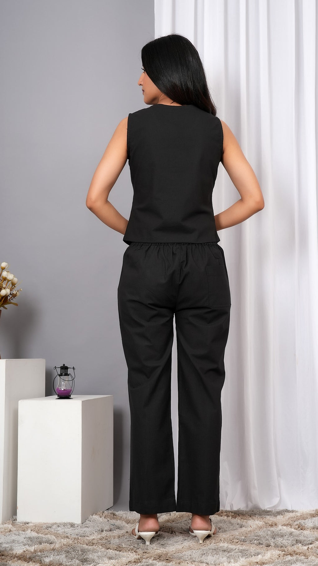 Black Cotton Waist Coat With Trouser Co ord Set