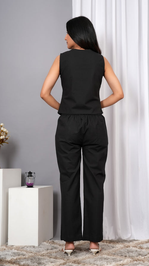 Black Cotton Waist Coat With Trouser Co ord Set