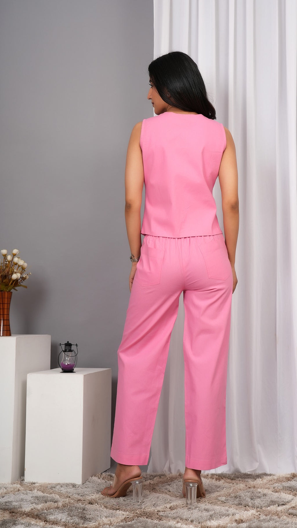 Cotton Waist Coat With Trouser Baby pink Co ord Set