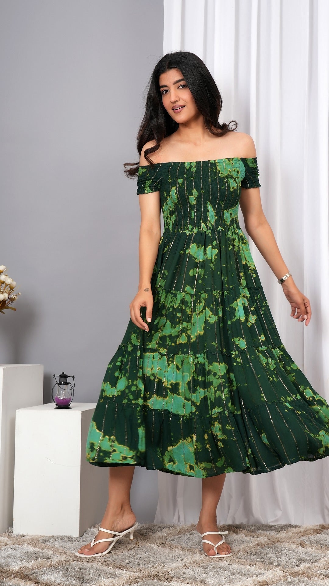 Iqraar Women Tie and Dye Dyed Smocked Off-Shoulder Fit and Flare Midi Green Dress