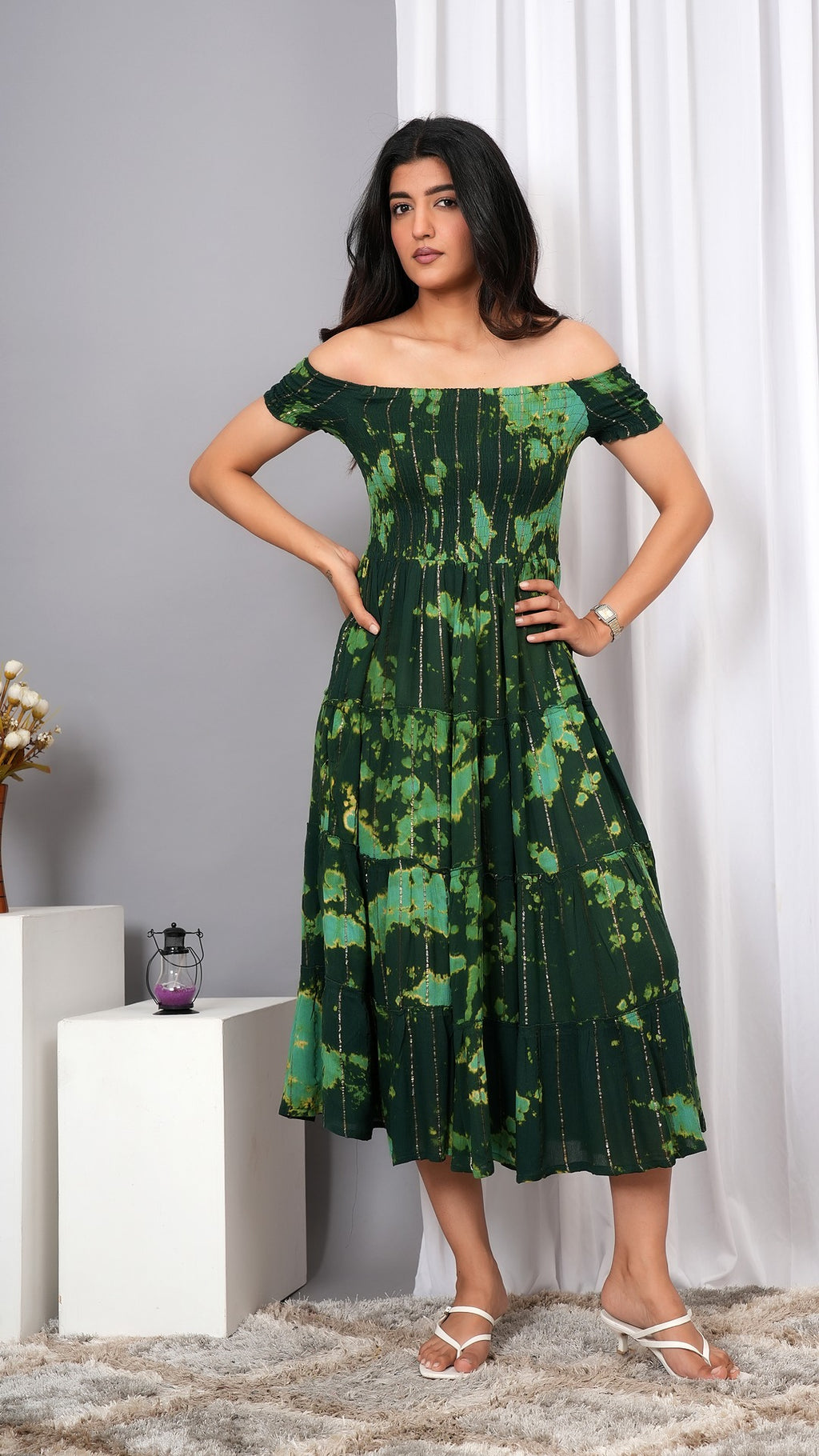 Iqraar Women Tie and Dye Dyed Smocked Off-Shoulder Fit and Flare Midi Green Dress