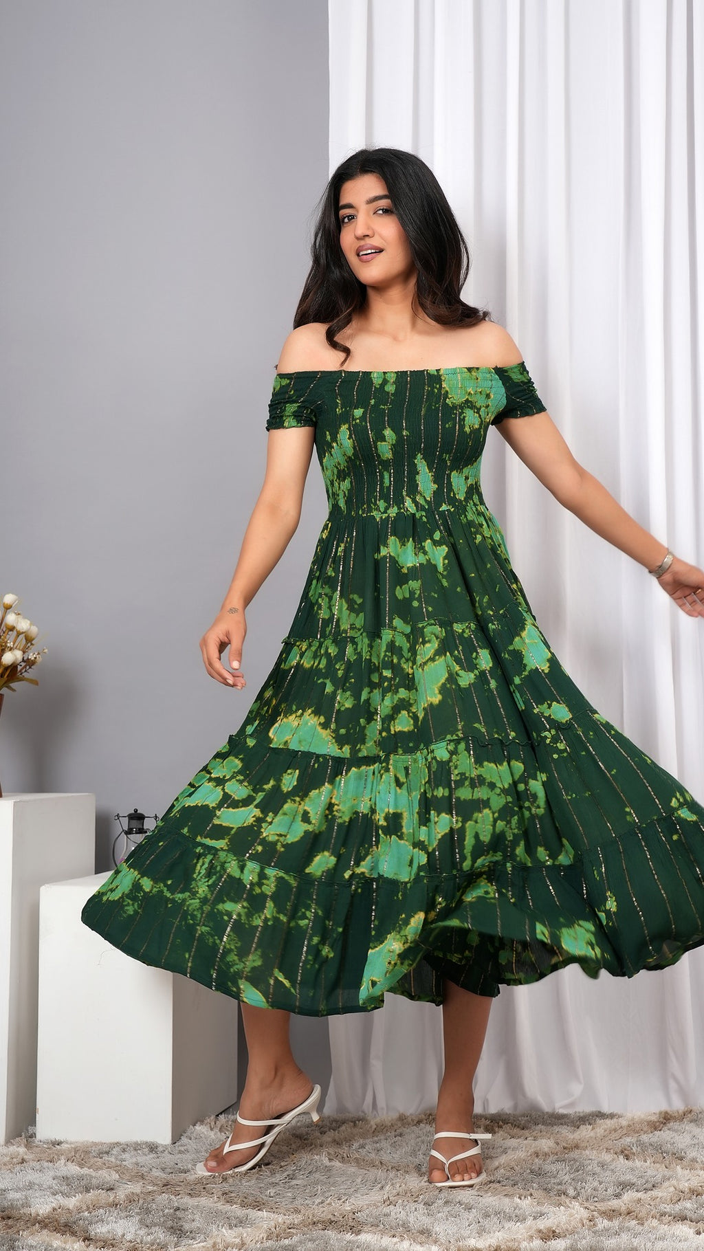 Iqraar Women Tie and Dye Dyed Smocked Off-Shoulder Fit and Flare Midi Green Dress