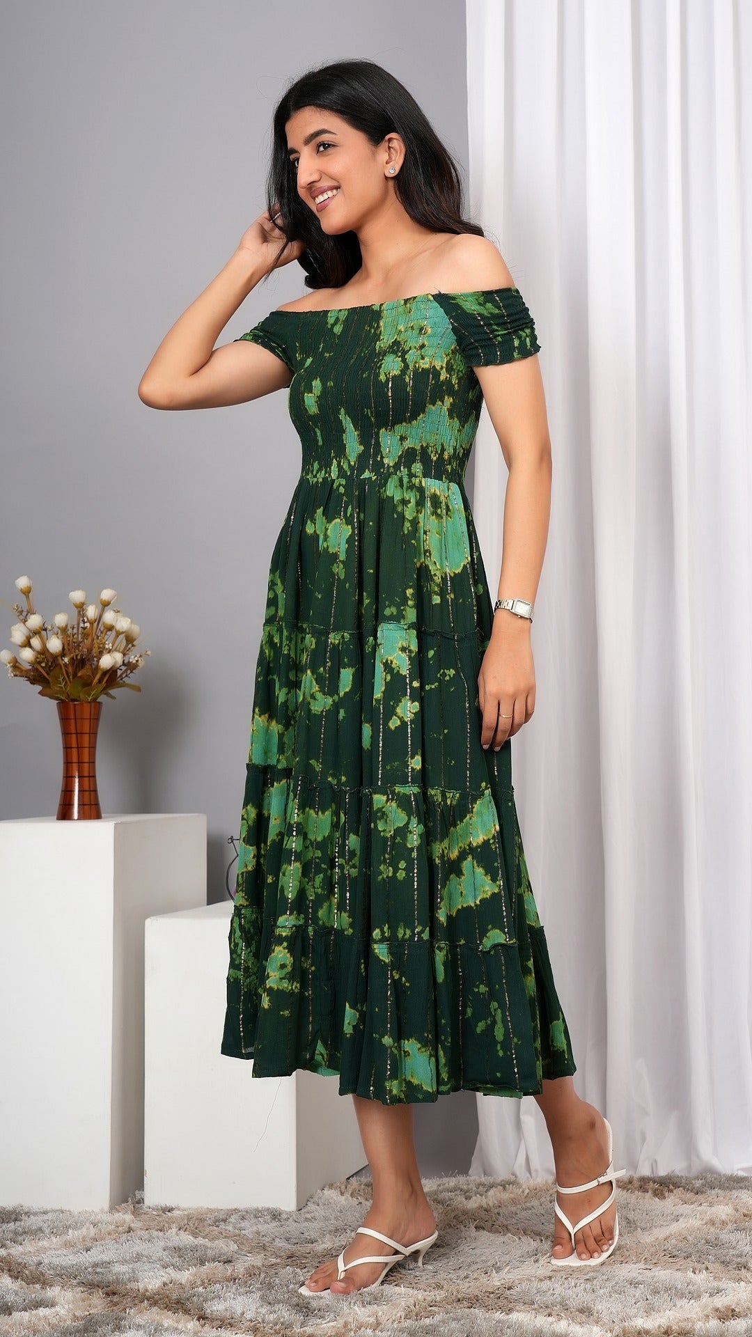 Iqraar Women Tie and Dye Dyed Smocked Off-Shoulder Fit and Flare Midi Green Dress
