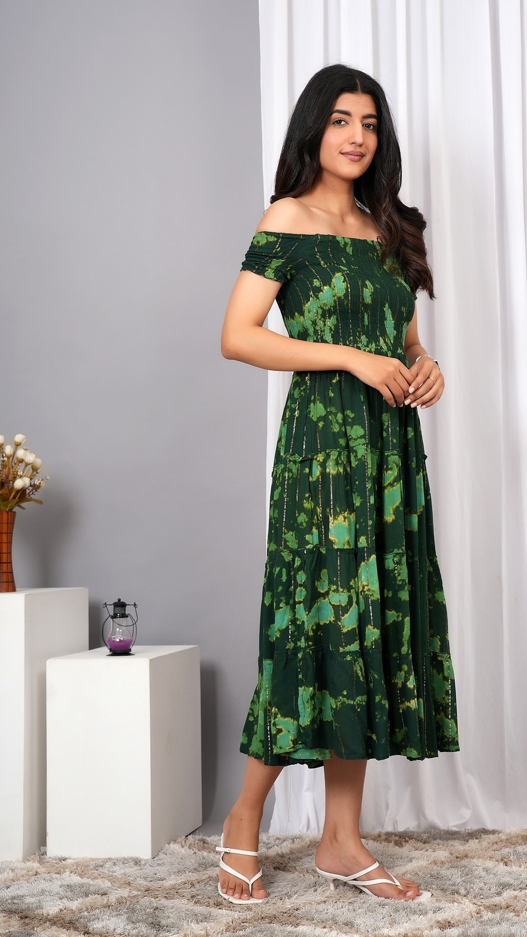Iqraar Women Tie and Dye Dyed Smocked Off-Shoulder Fit and Flare Midi Green Dress