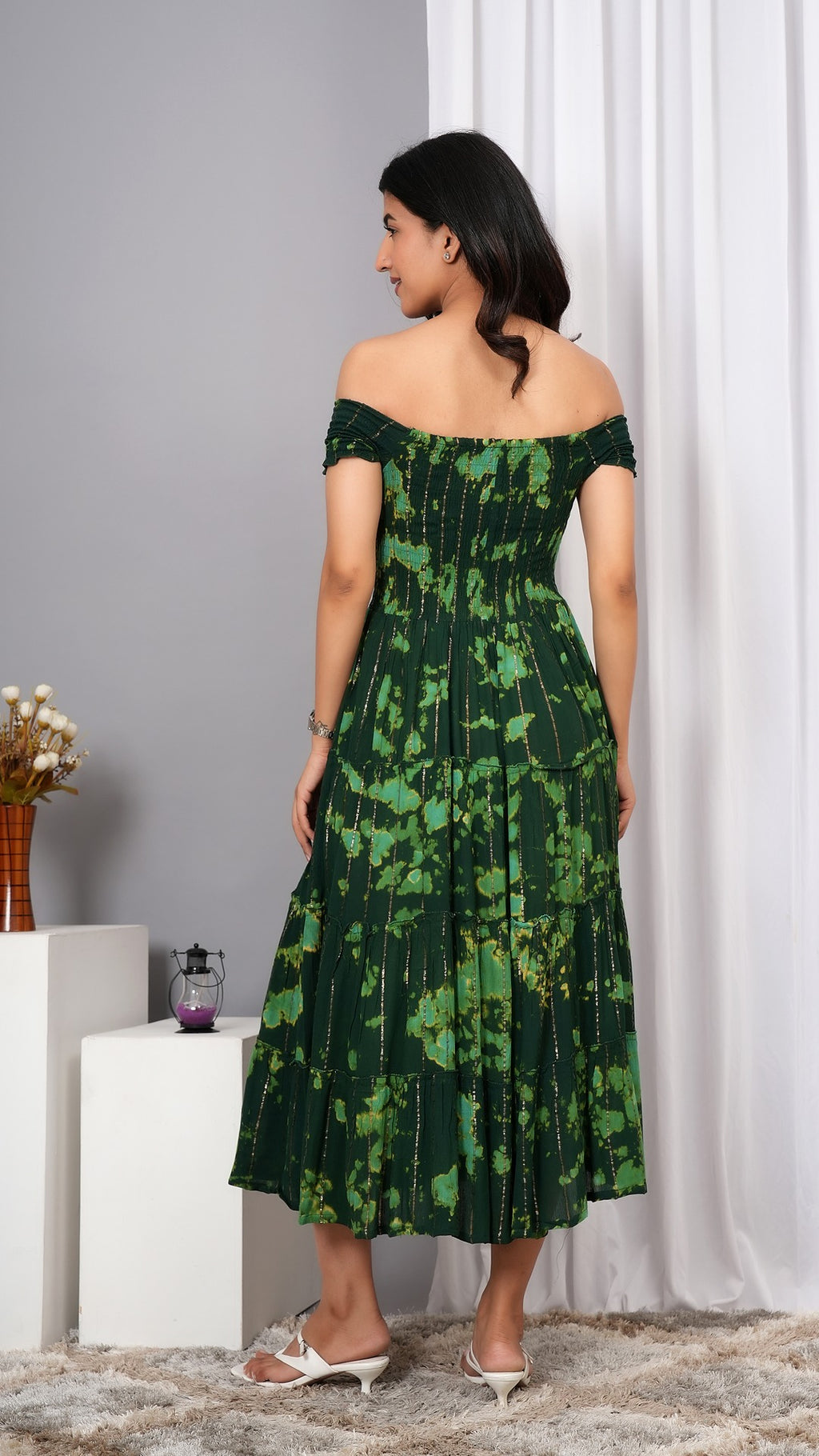 Iqraar Women Tie and Dye Dyed Smocked Off-Shoulder Fit and Flare Midi Green Dress