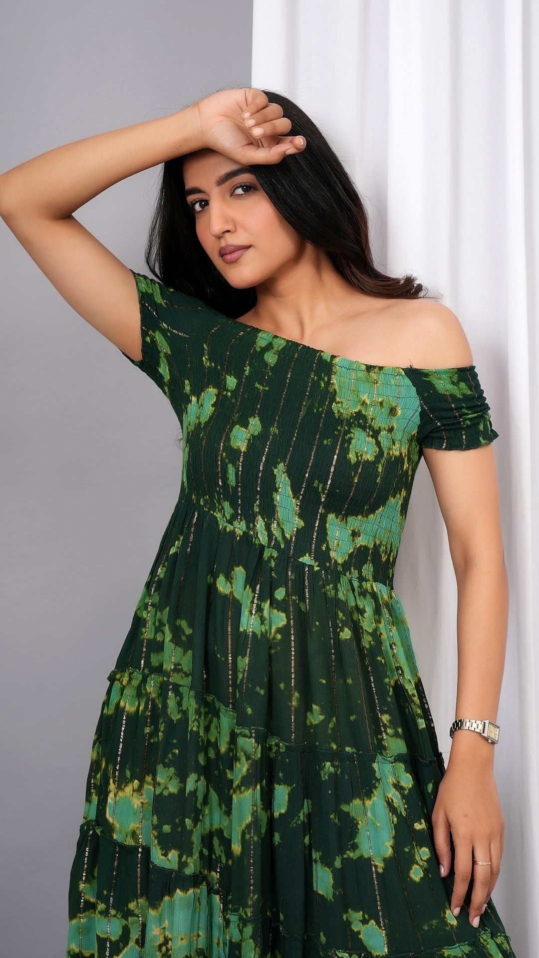 Iqraar Women Tie and Dye Dyed Smocked Off-Shoulder Fit and Flare Midi Green Dress