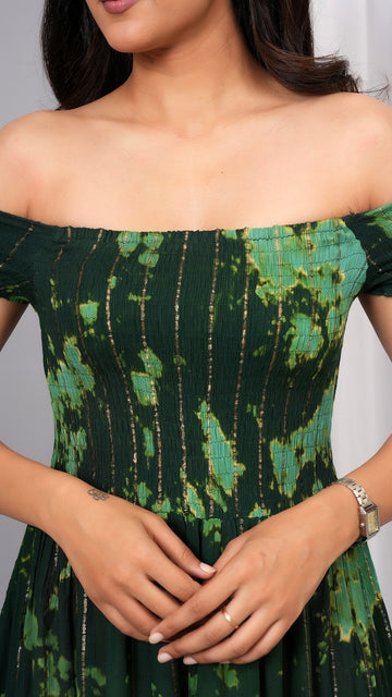 Iqraar Women Tie and Dye Dyed Smocked Off-Shoulder Fit and Flare Midi Green Dress