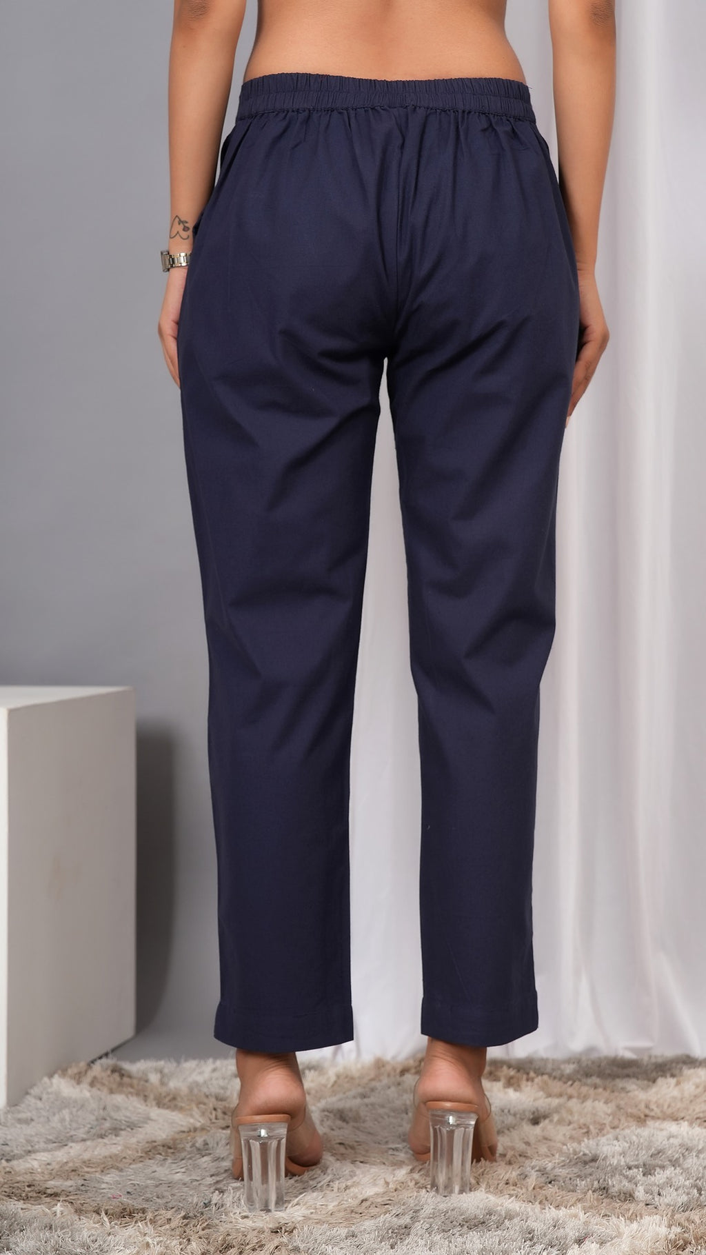 Women Regular Fit Pure Cotton Blue Trousers