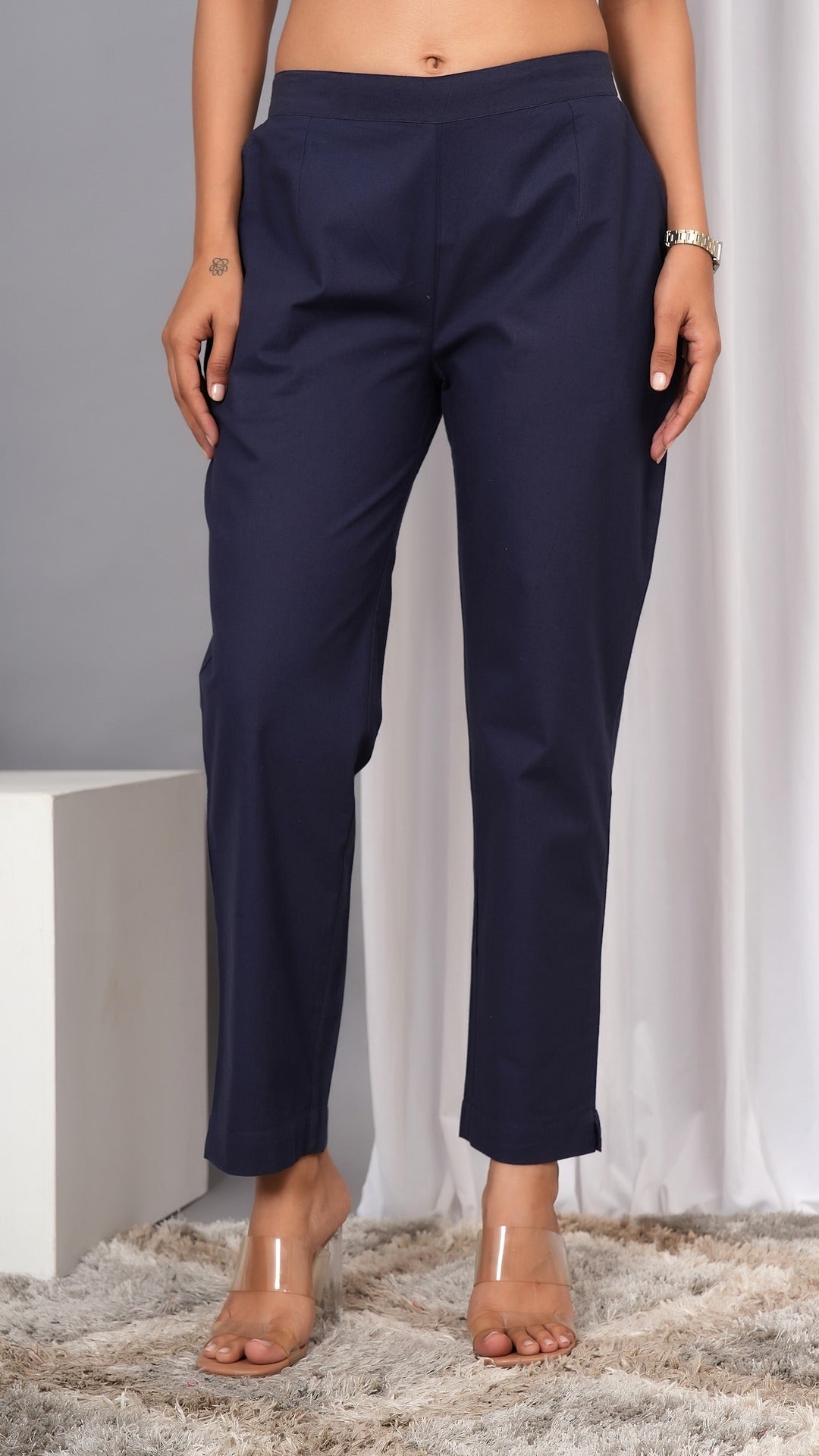 Women Regular Fit Pure Cotton Blue Trousers