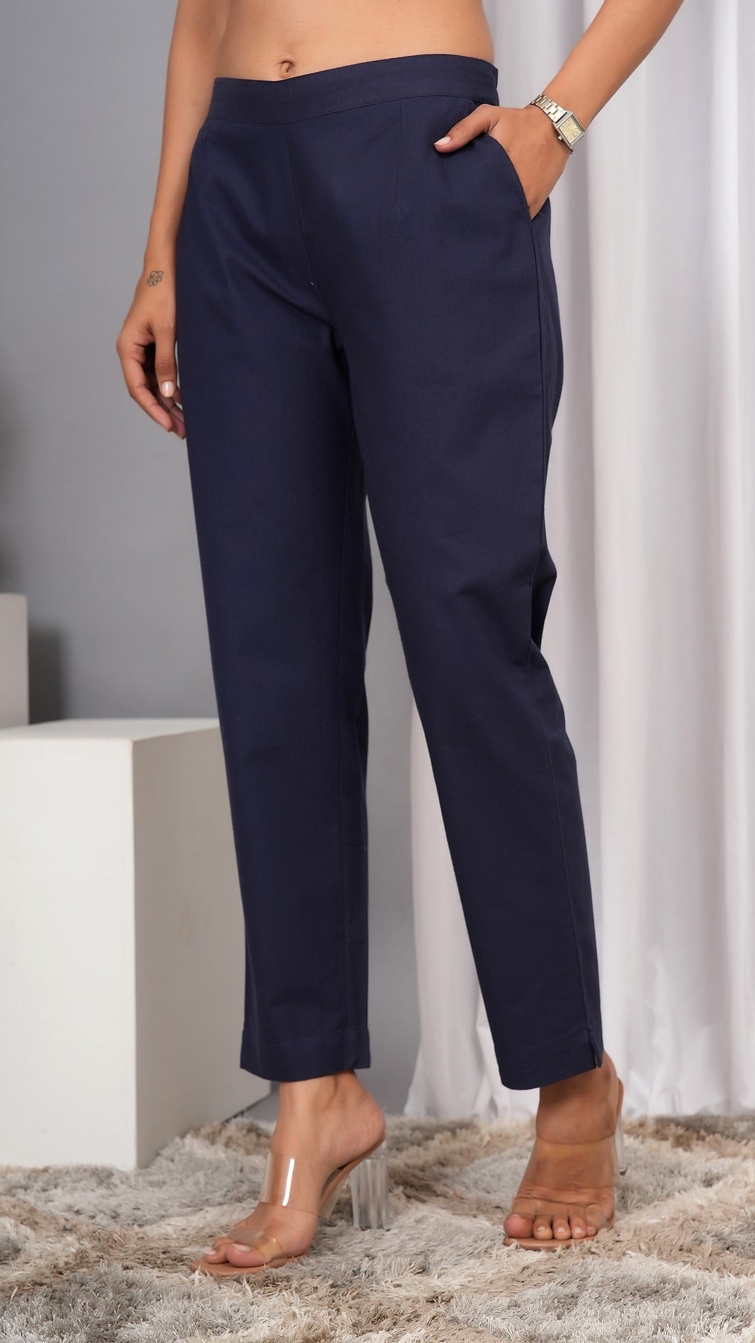 Women Regular Fit Pure Cotton Blue Trousers