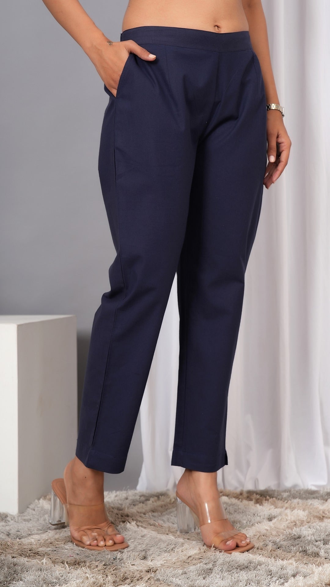 Women Regular Fit Pure Cotton Blue Trousers