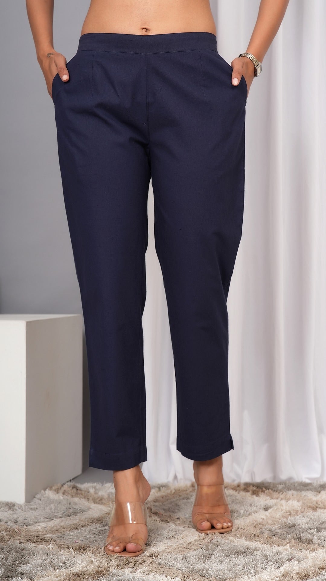 Women Regular Fit Pure Cotton Blue Trousers
