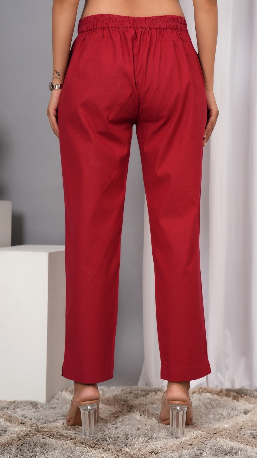 Women Regular Fit Pure Cotton Marron Trousers