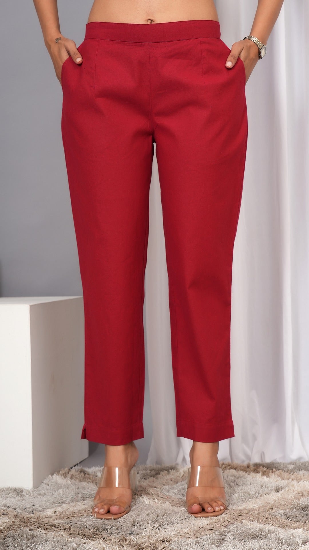 Women Regular Fit Pure Cotton Marron Trousers