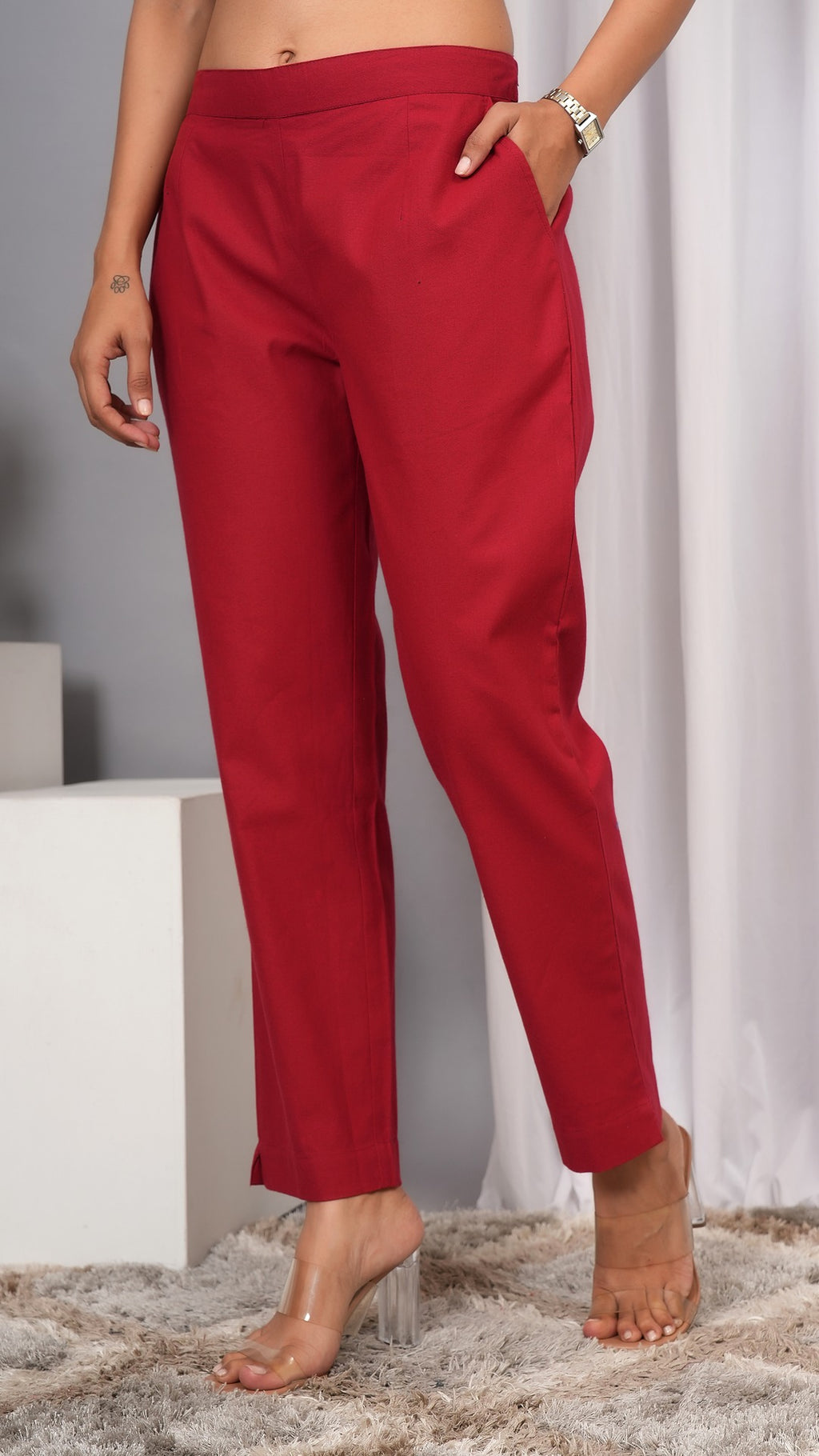 Women Regular Fit Pure Cotton Marron Trousers