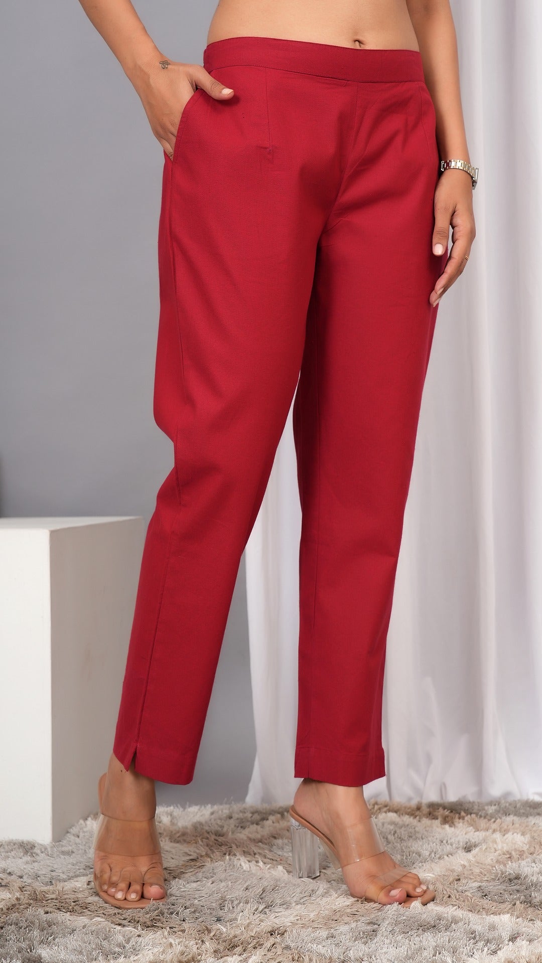 Women Regular Fit Pure Cotton Marron Trousers