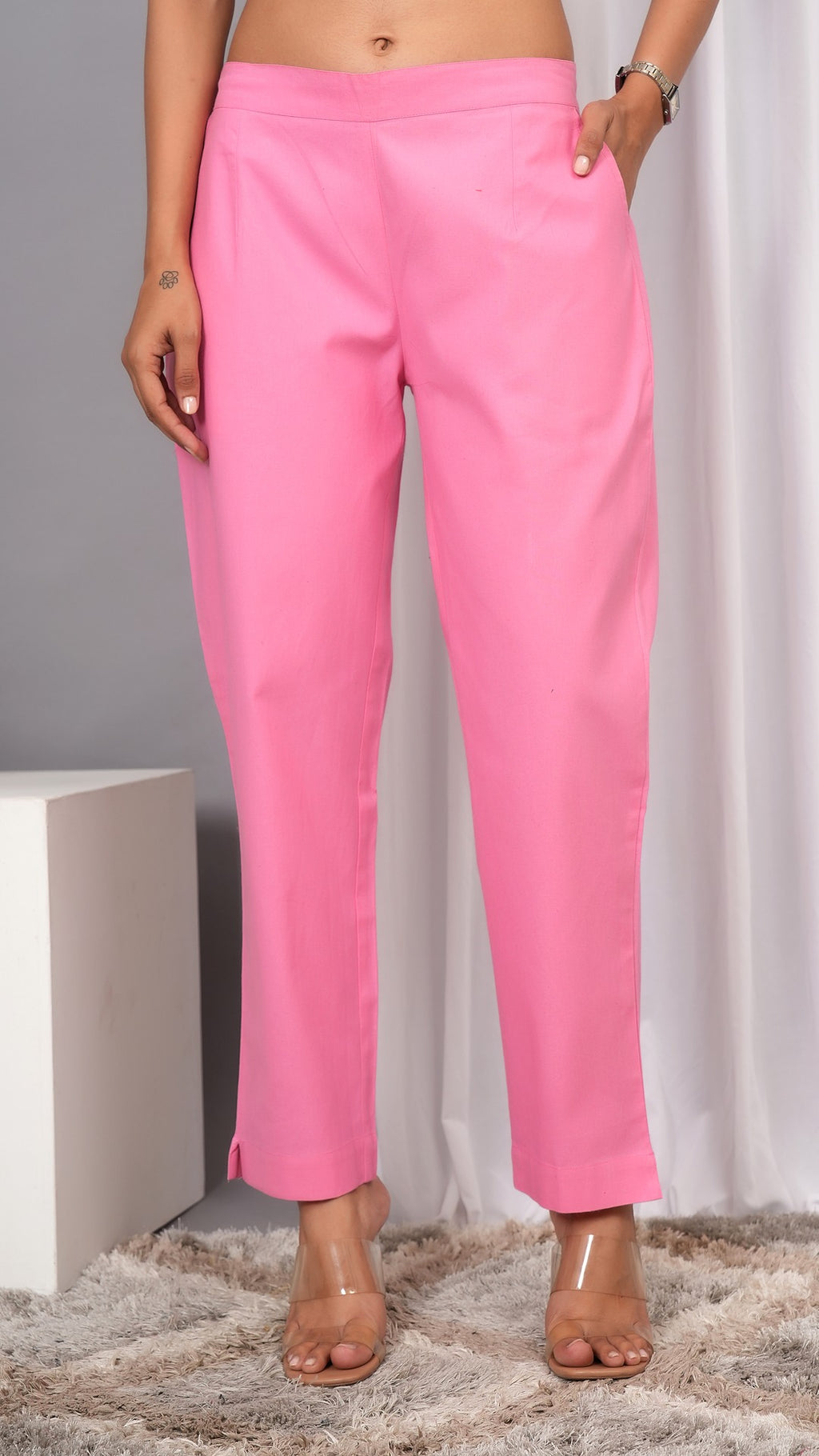 Women Regular Fit Pure Cotton Babypink Trousers