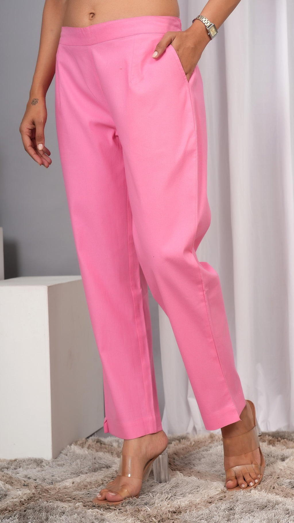 Women Regular Fit Pure Cotton Babypink Trousers