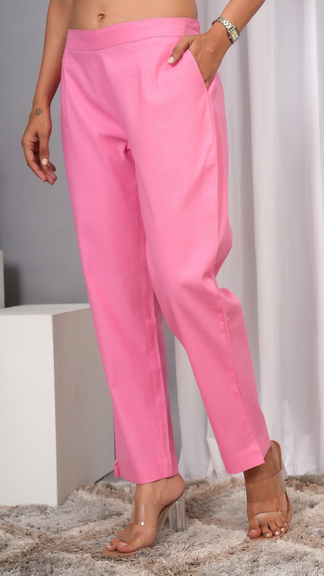 Women Regular Fit Pure Cotton Babypink Trousers