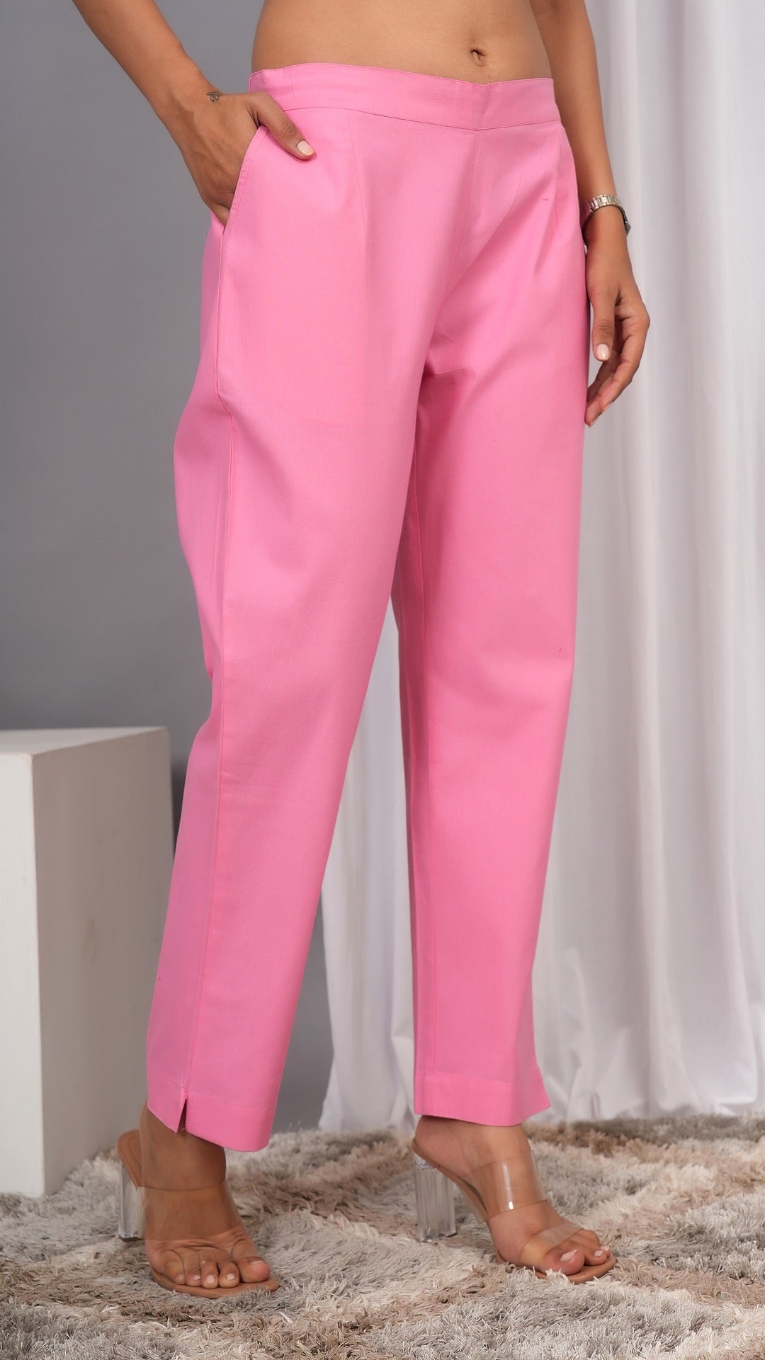 Women Regular Fit Pure Cotton Babypink Trousers