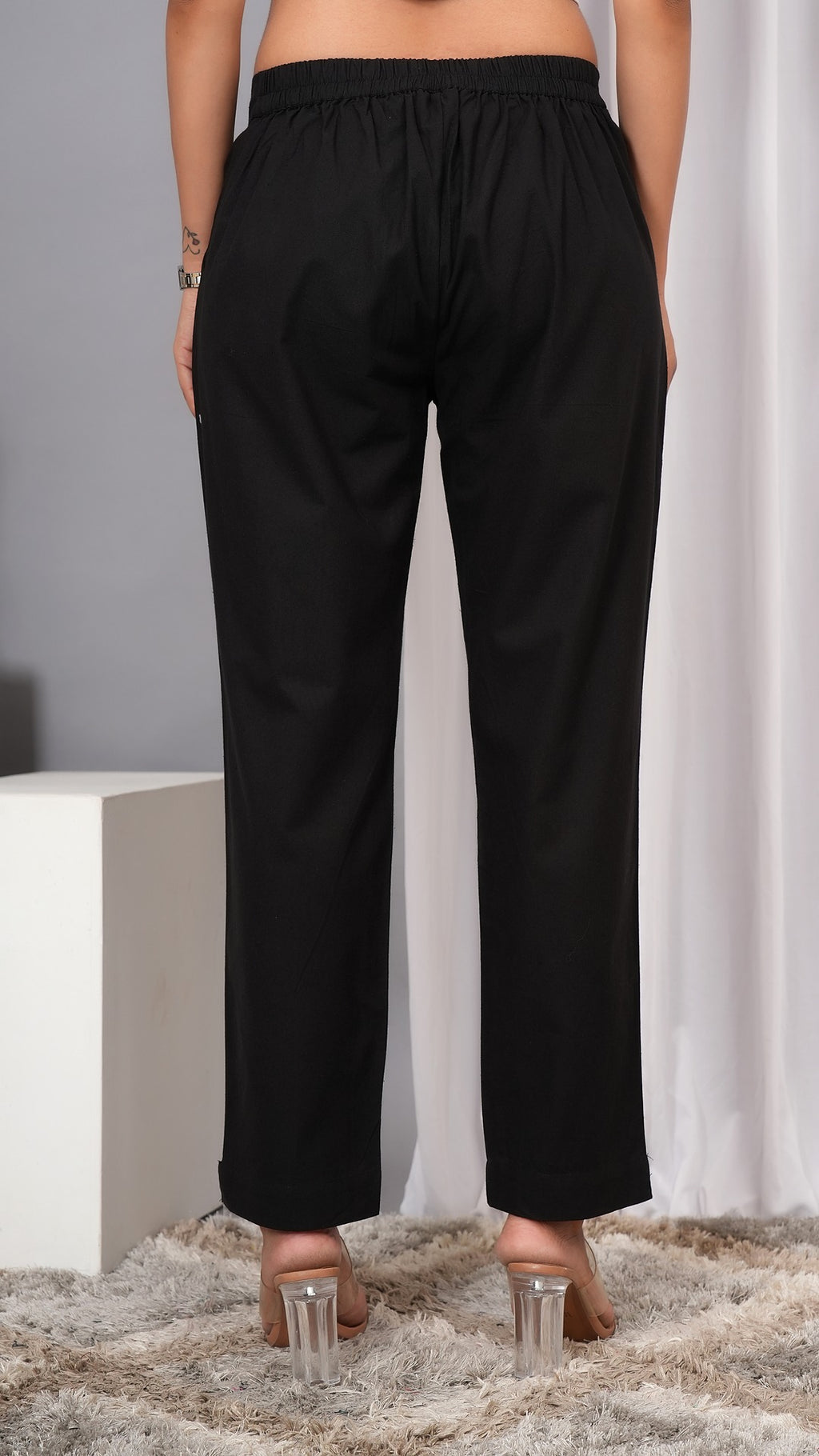 Women Regular Fit Pure Cotton Black Trousers