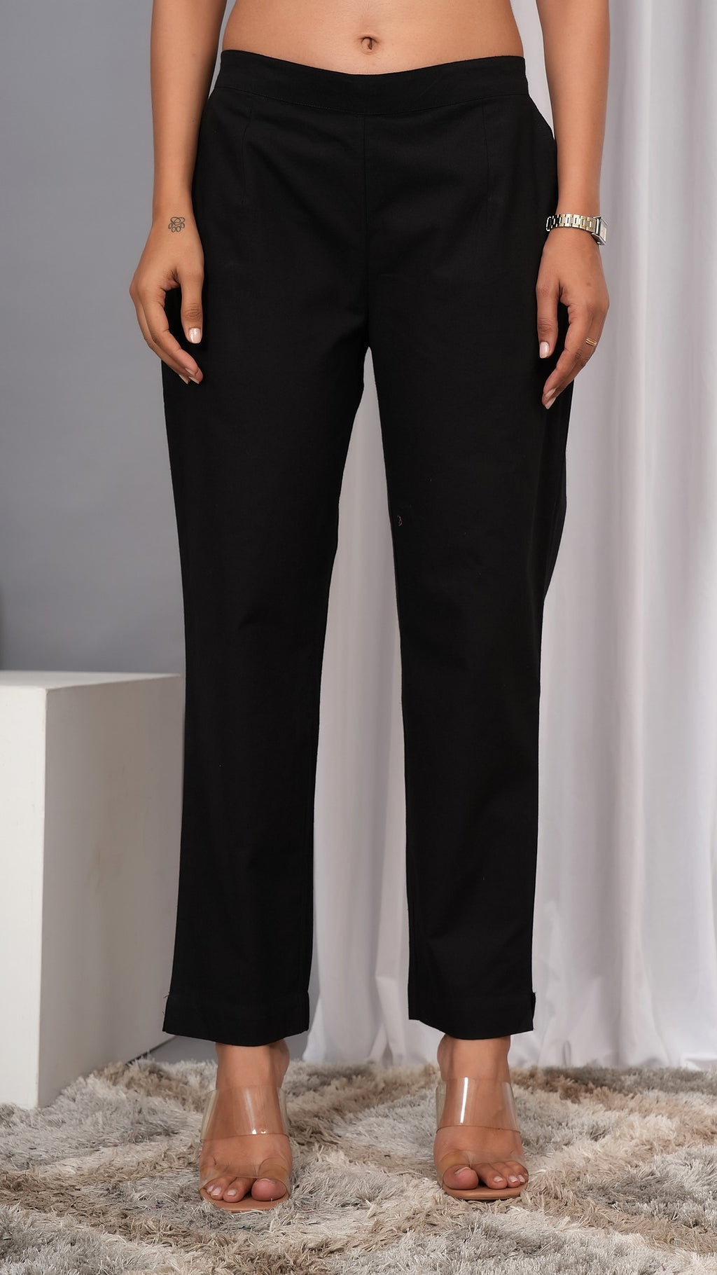Women Regular Fit Pure Cotton Black Trousers