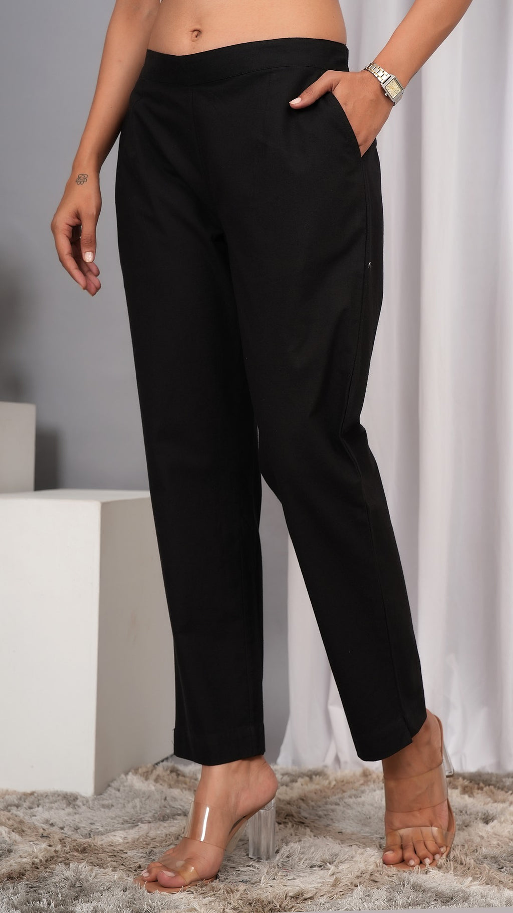 Women Regular Fit Pure Cotton Black Trousers