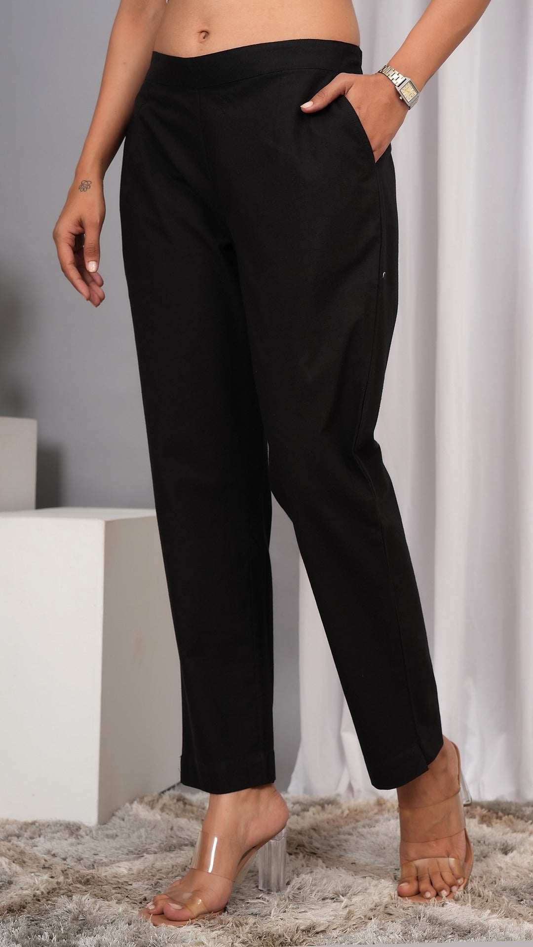 Women Regular Fit Pure Cotton Black Trousers