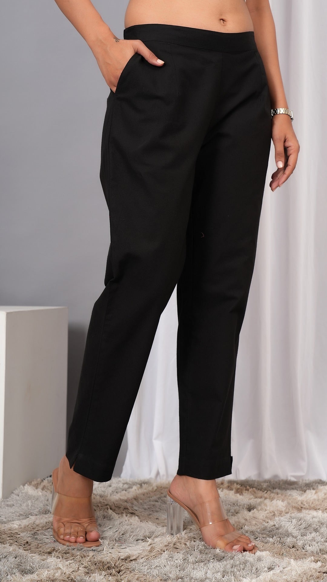 Women Regular Fit Pure Cotton Black Trousers