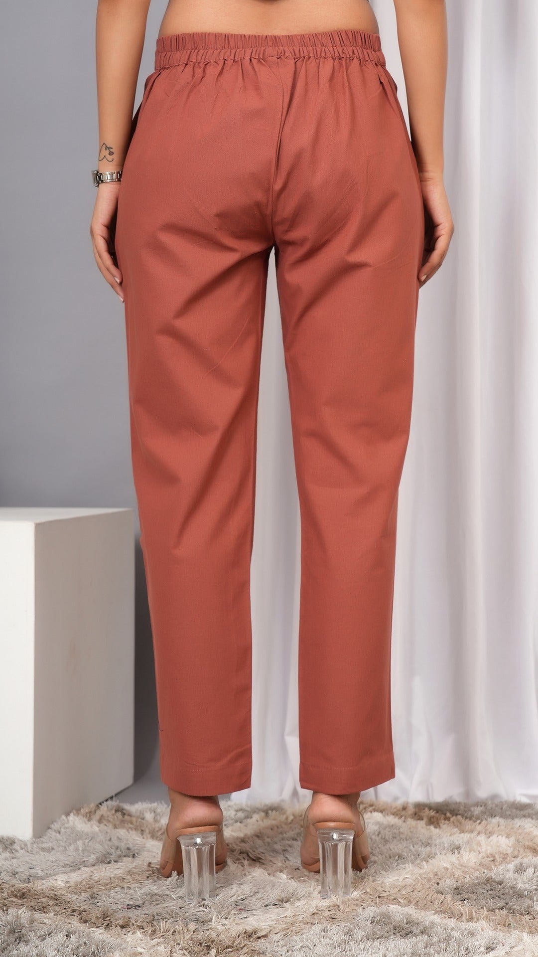 Women Regular Fit Pure Cotton Rust Trousers