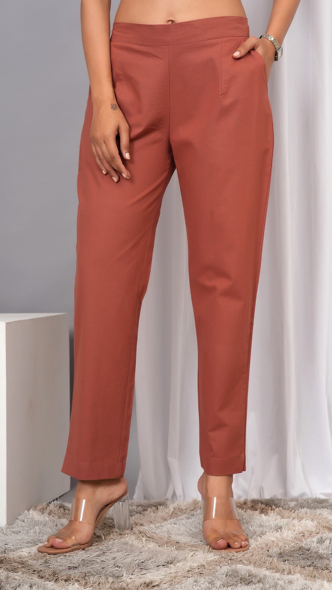 Women Regular Fit Pure Cotton Rust Trousers
