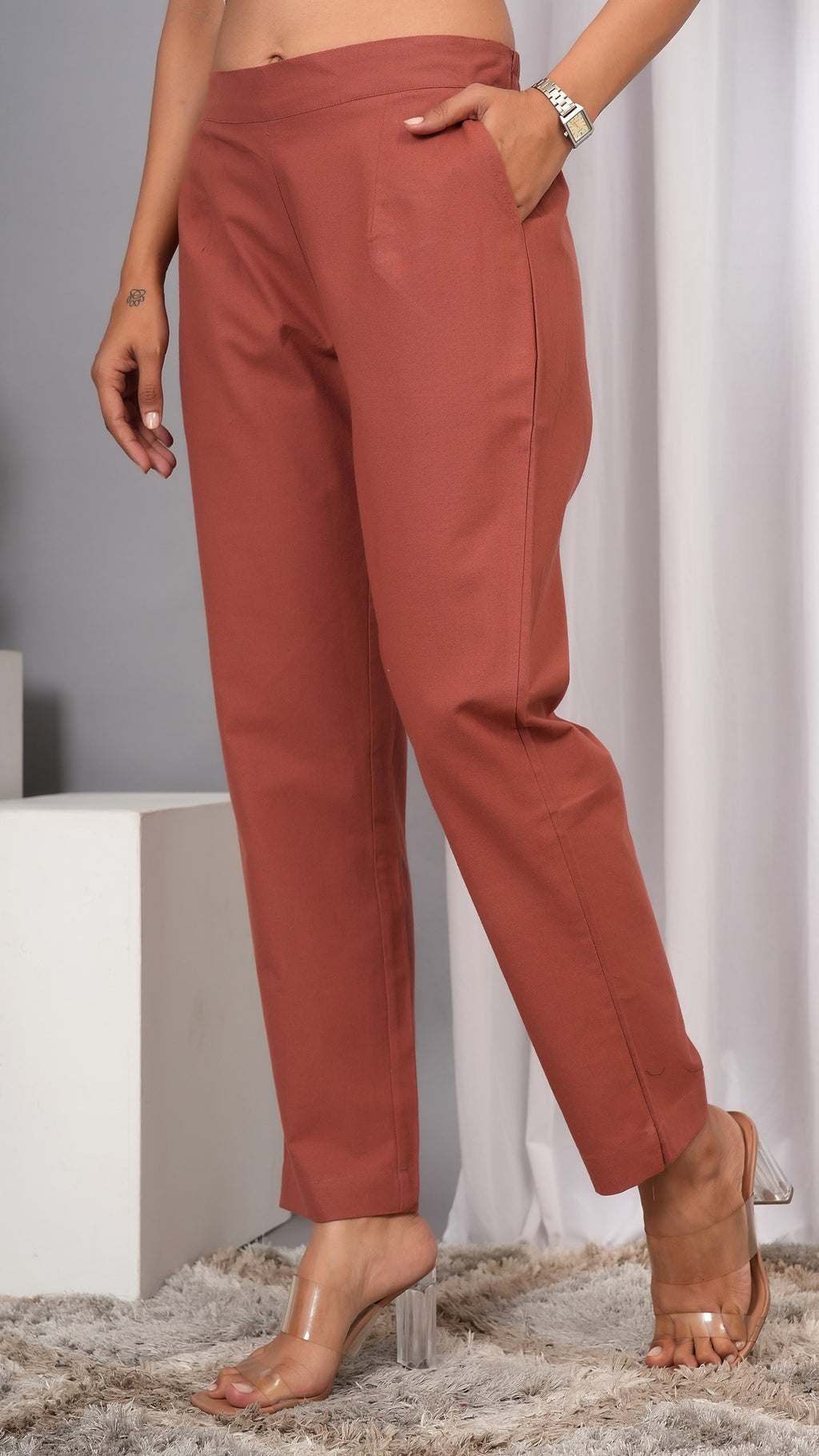 Women Regular Fit Pure Cotton Rust Trousers